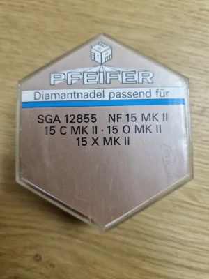 Rückseite der Pfeifer SGA 12855 Verpackung mit Kompatibilitätsangaben für Ortofon NF 15 MK II