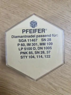 Rückseite der Verpackung der Pfeifer Diamantnadel mit Liste kompatibler Modelle