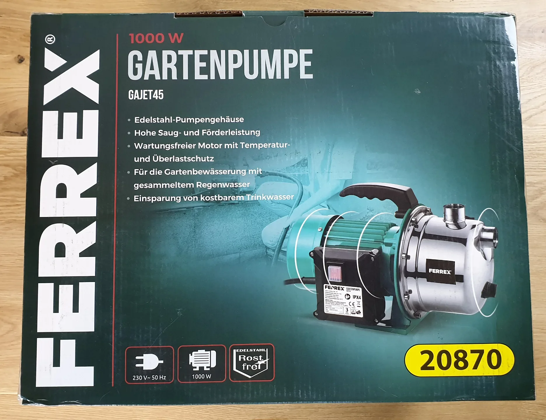 Ferrex Gartenpumpe Produktverpackung Oben