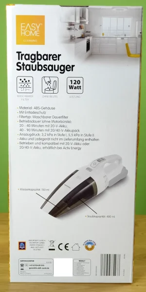 Verpackung von Easy Home Tragbarer Staubsauger in der Weißen Version von Hinten