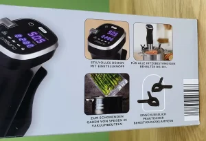 Der Ambiano Sous Vide Stick in seiner Verpackung, von der zweiten Seite im Close Up.
