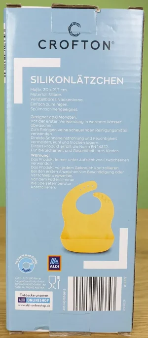 CROFTON Silikonlätzchen in seiner Verpackung von hinten.