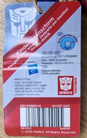 Das Etikett des Kinderregenschirm Transformers (die mit den Autos aus dem Film) von hinten.