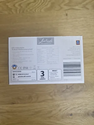 Rückseite der Belavi Verpackung mit technischen Daten, IP44 Zertifizierung und Lieferumfang