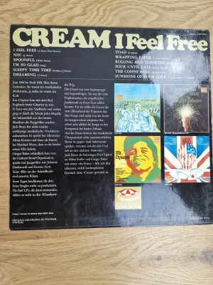Rückseite des Vinyl-Covers von Cream - I Feel Free mit Tracklist und deutschen Linernotes