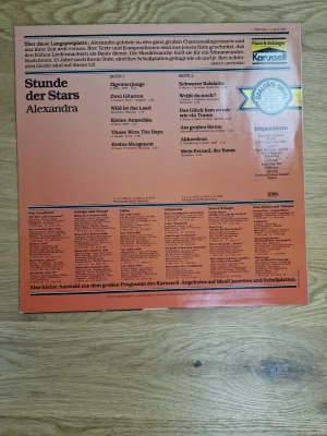 Rückseite des Vinyl LP Covers von Alexandra mit Titelliste und Label-Informationen