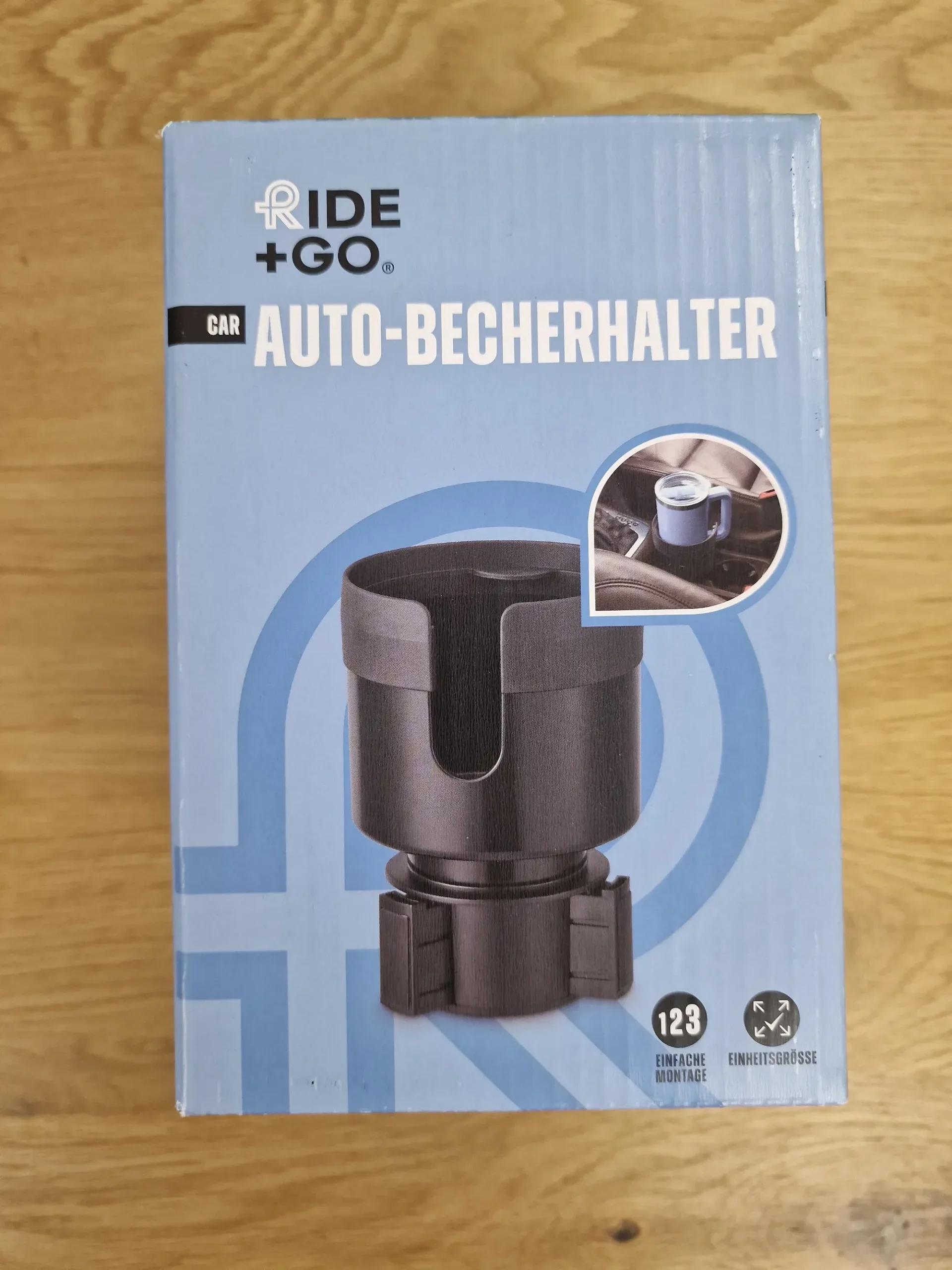 RIDE + GO Auto-Becherhalter Verpackung Vorderseite mit Produktabbildung
