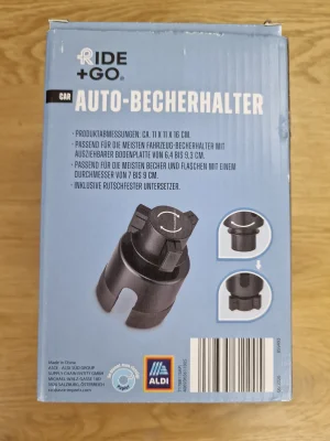 RIDE + GO Auto-Becherhalter Verpackungsrückseite mit Produkteigenschaften und Drehmechanismus