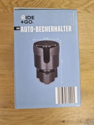 RIDE + GO Auto-Becherhalter Verpackungsseite mit Größen- und Maßangaben