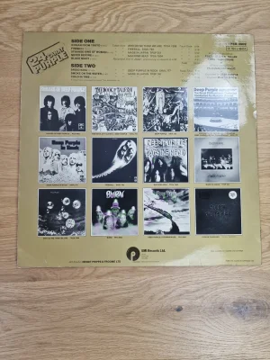 Rückseite des Deep Purple 24 Carat Purple Albumcovers mit Titelliste und Diskografie