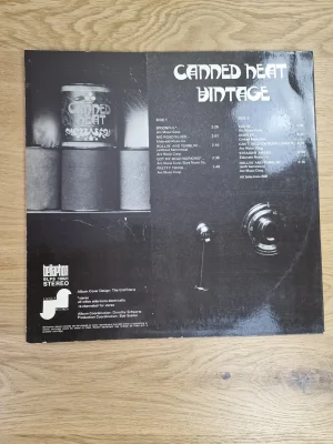 Rückseite des Canned Heat Vintage Schallplatten-Covers mit Titelliste und Label-Informationen