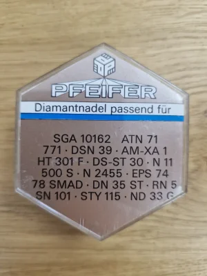 Rückseite der Pfeifer Verpackung mit Liste passender Ersatznadeln wie ATN 71, DSN 39 und EPS 74