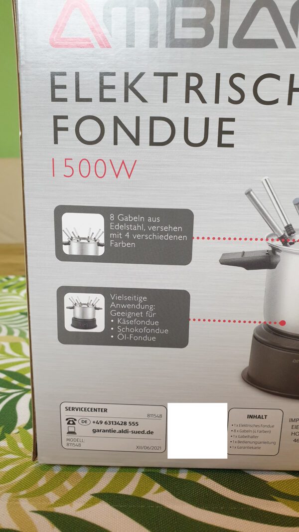 Die Verpackung des Produkgs als Produktbild von Ambiano Fondue von Hinten