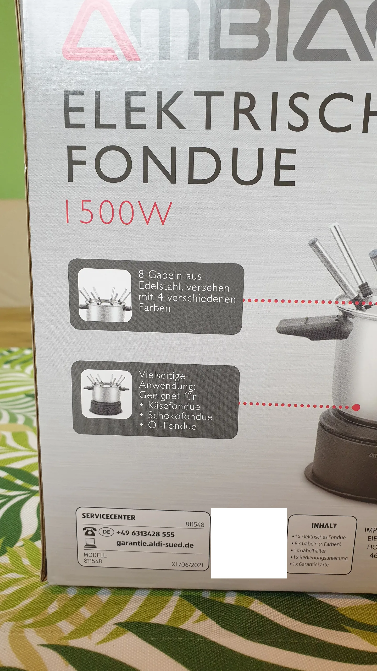 Ambiano_Fondue_Hinten Die Verpackung des Produkgs als Produktbild von Ambiano Fondue von Hinten