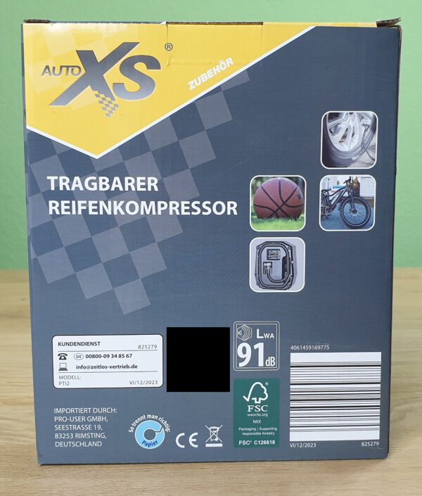 Produktbild von AUTOXS Tragbarer Reifenkompressor dessen Verpackung von Hinten