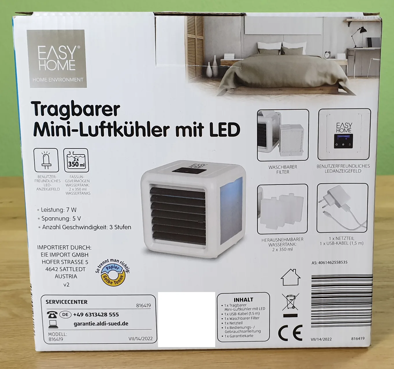Verpackung von EasyHome Tragbarer Mini Luftkuehler von hinten