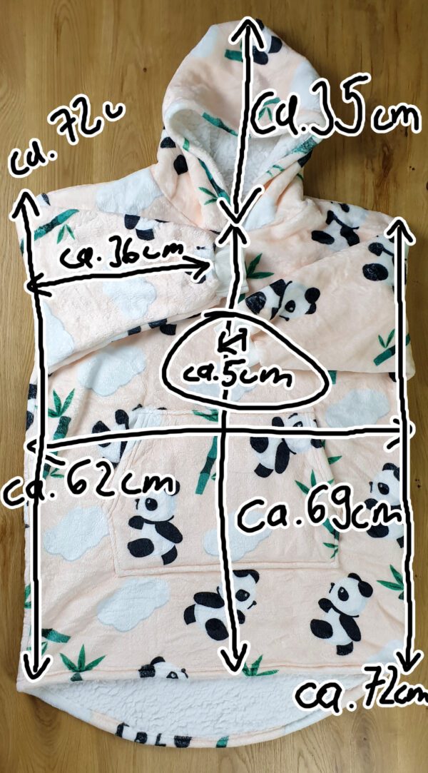 Decken Hoodie für Kinder im Panda Design mit eingezeichneten Maßen