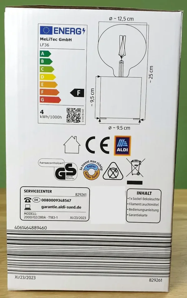 Produktbild der CASALUX Sockel Dekoleuchte von der Seite. Es zeigt die Energieeffizienzklasse und weitere Details.