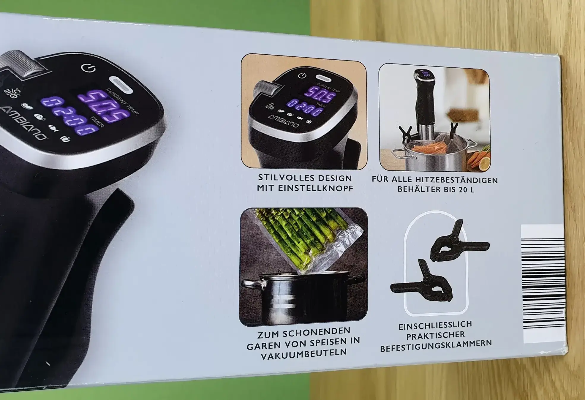 Ambiano_Sous_Vide_Stick_6 Der Ambiano Sous Vide Stick in seiner Verpackung, von der zweiten Seite im Close Up.