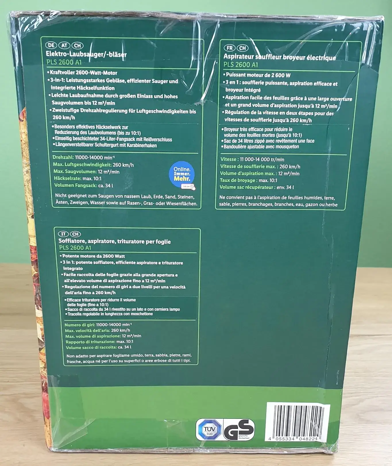 Parkside_Elektro_Laubsauger_Blaeser_PLS_2600_A1_3 Der Parkside Elektro-Laubsauger/ -bläser in seiner Verpackung von der Seite.