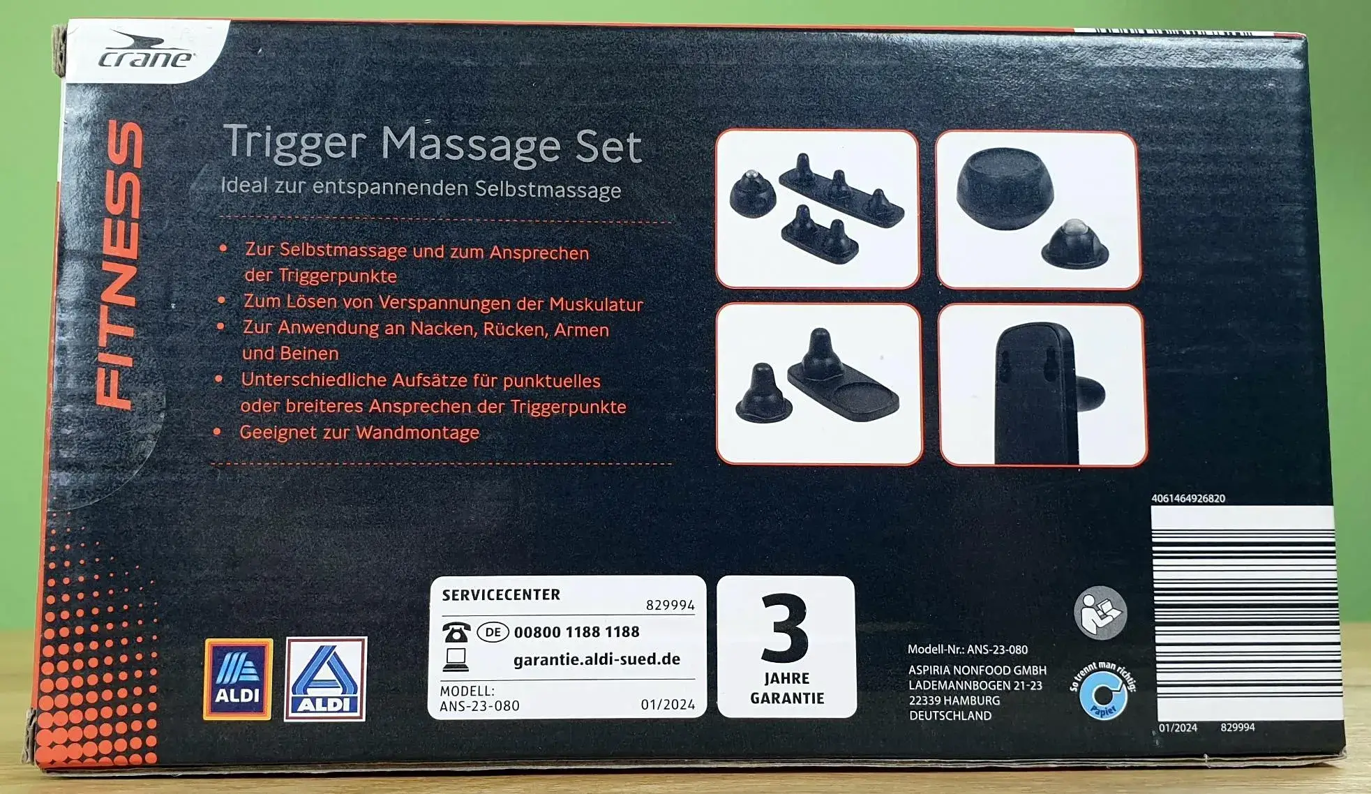 Das crane Trigger Massage Set in seiner Verpackung von hinten