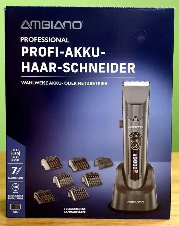 Der Ambiano® Professional Profi-Akku-Haar-Schneider in seiner Verpackung von vorne.