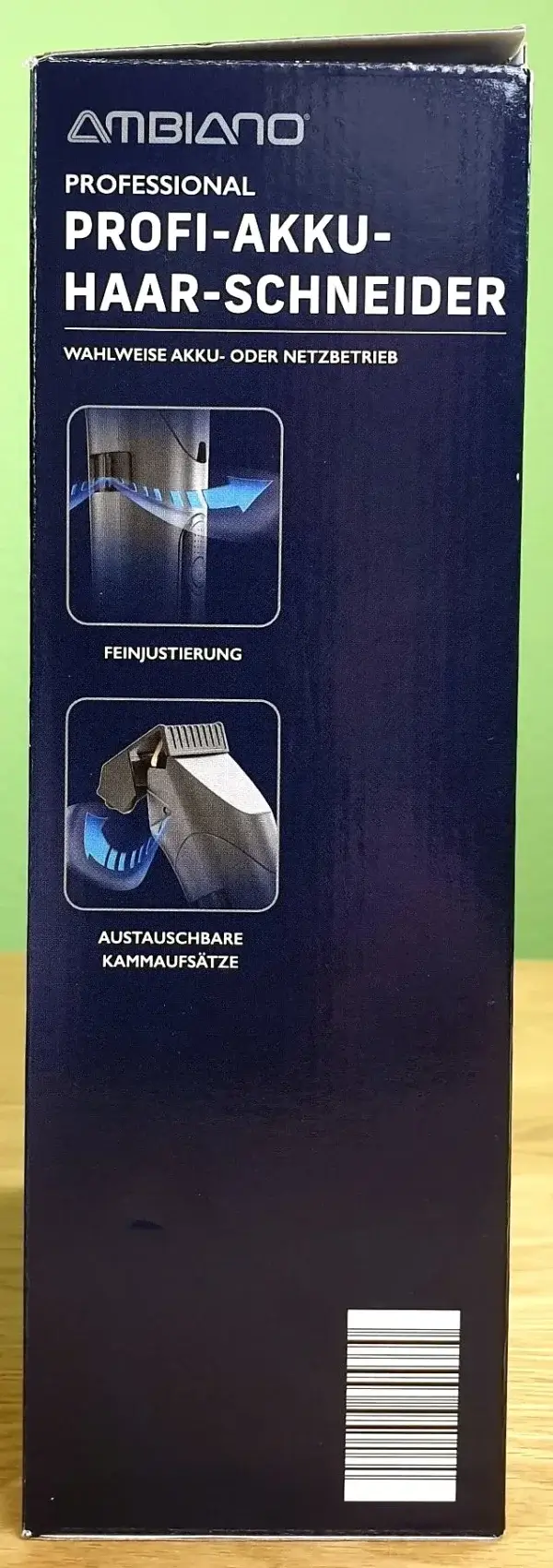 Der Ambiano® Professional Profi-Akku-Haar-Schneider in seiner Verpackung von der Seite.