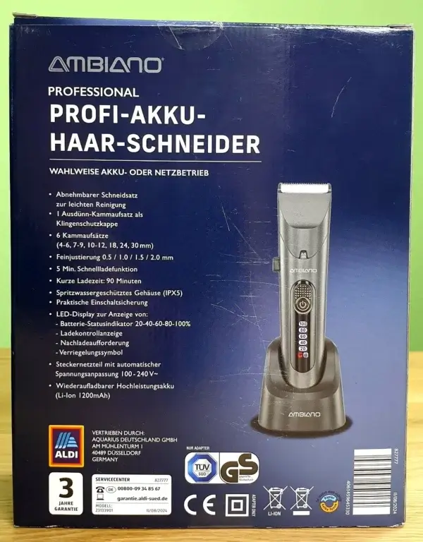 Der Ambiano® Professional Profi-Akku-Haar-Schneider in seiner Verpackung von hinten.