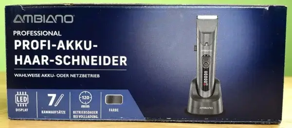 Der Ambiano® Professional Profi-Akku-Haar-Schneider in seiner Verpackung von oben.