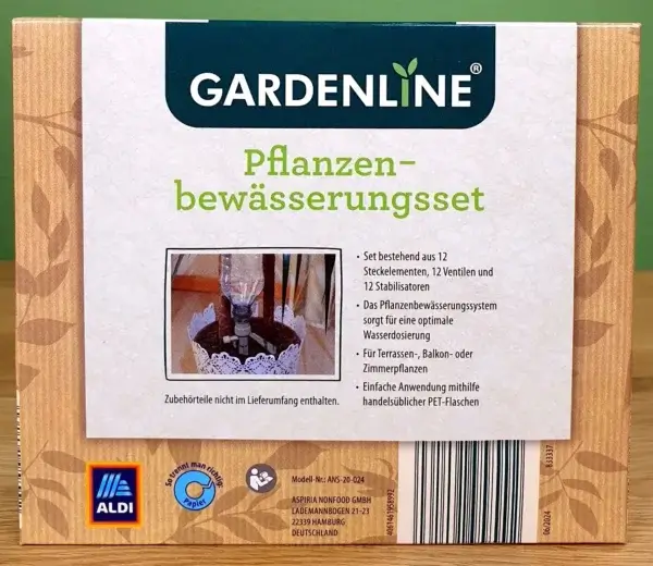 Das GARDENLINE Pflanzenbewässerungsset in seiner Verpackung von hinten.