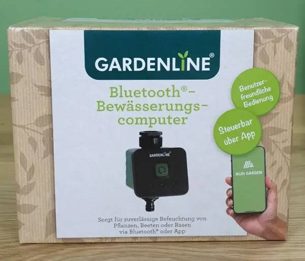 Gardenline Bluetooth-Bewässerungscompputer mit App Steuerung in seiner Verpackung von vorne ohne Farbkorrektur