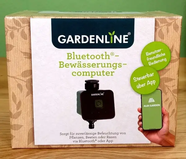 Gardenline Bluetooth-Bewässerungscompputer mit App Steuerung in seiner Verpackung von vorne