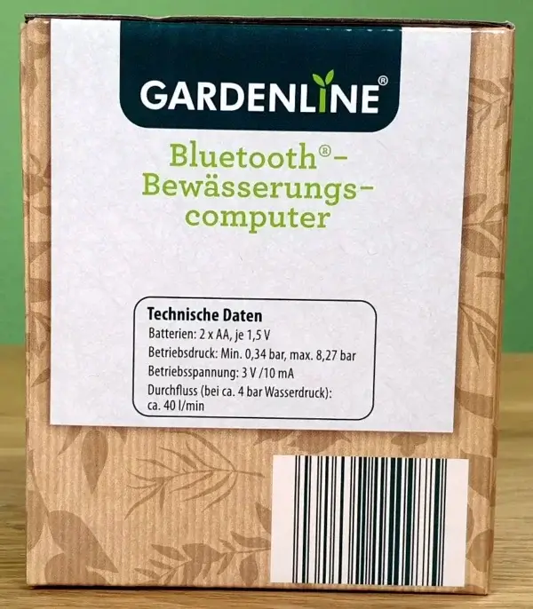 Gardenline Bluetooth-Bewässerungscompputer mit App Steuerung in seiner Verpackung von der Seite