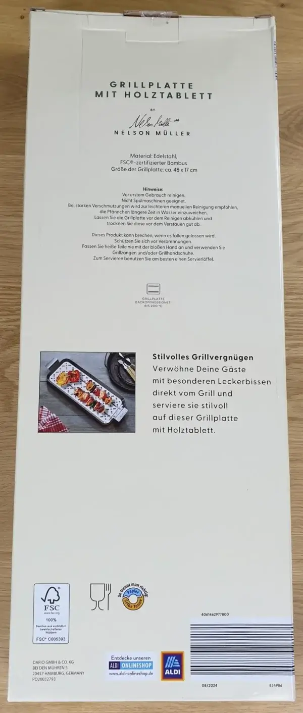 Grillplatte mit Holzbrett in groß von Nelson Müller in Ihrer Verpackung von hinten.