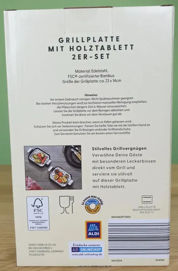 Grillplatte mit Holzbrett 2er-Set in klein von Nelson Müller in Ihrer Verpackung von hinten.