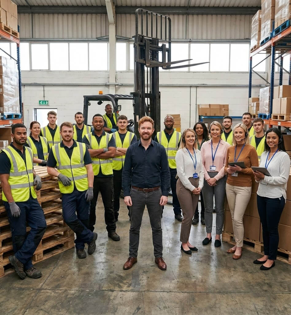 Über Uns 1 Gruppenbild vom afterdeals Team. Links Lagermitarbeiter, rechts Kundensupport.