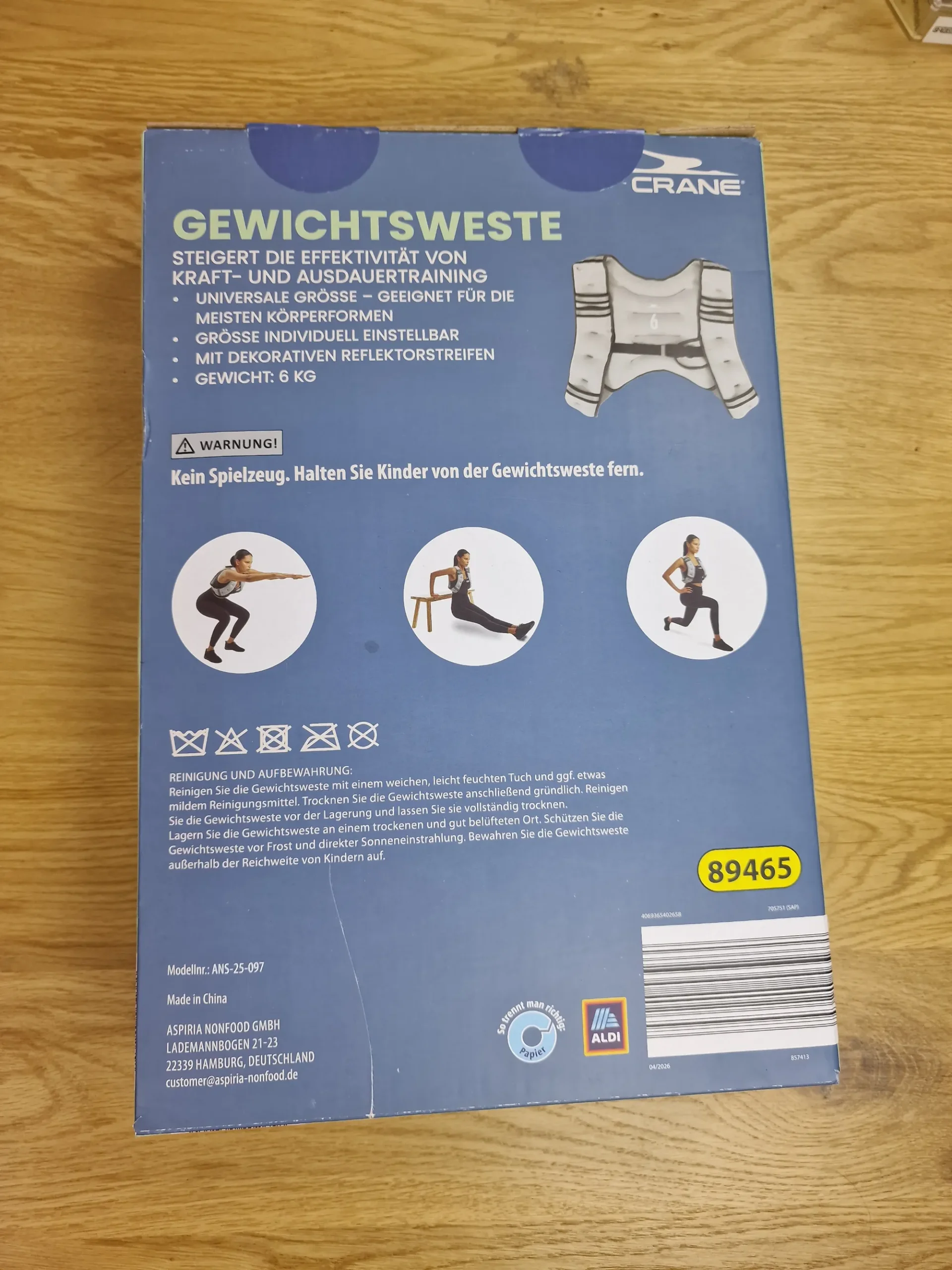 Rückseite der Verpackung der Crane 6 kg Gewichtsweste mit Details, Übung Beispielen und Pflegehinweisen