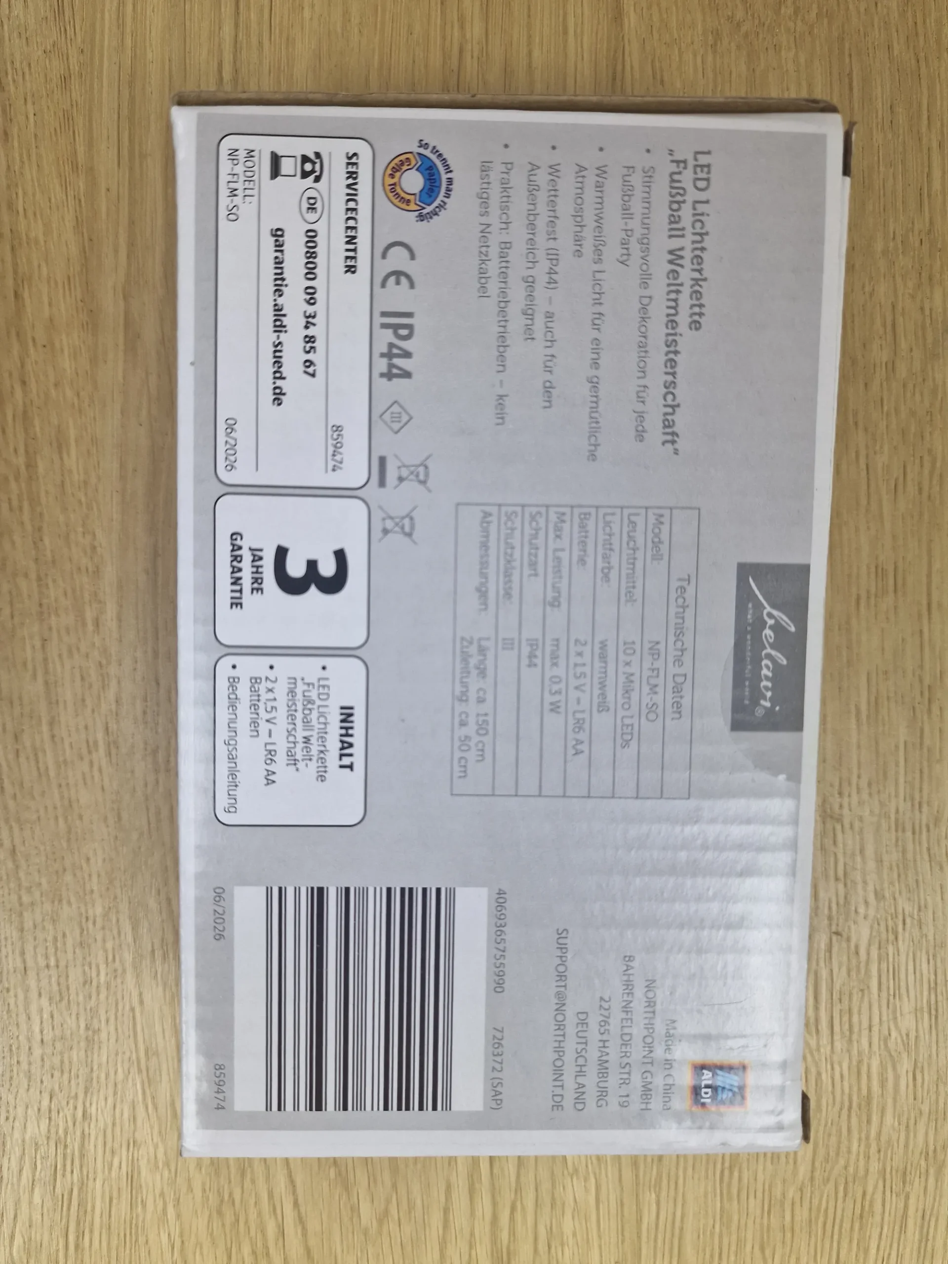 Rückseite der Verpackung mit technischen Daten zur wetterfesten belavi LED-Lichterkette