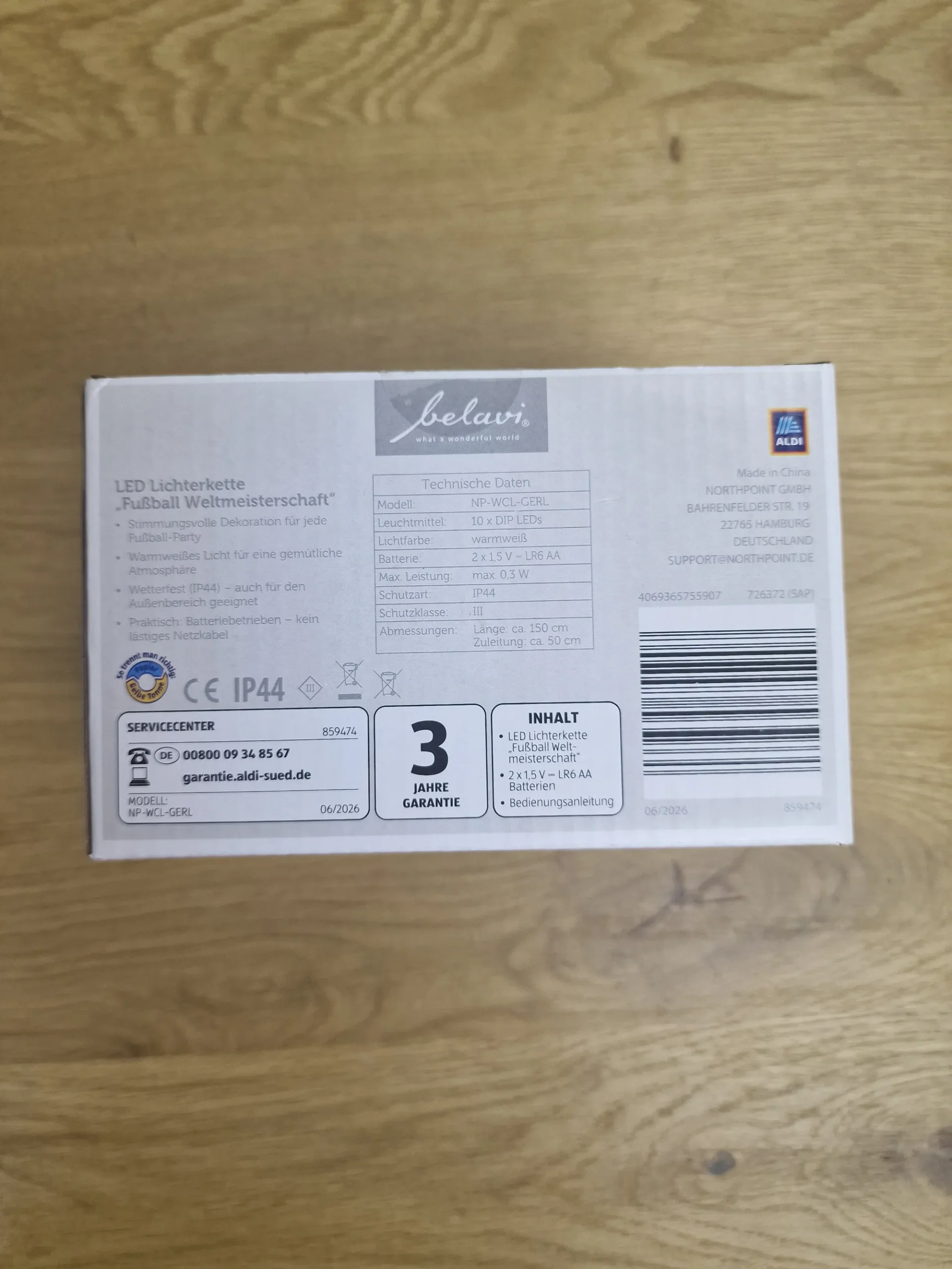 Rückseite der Belavi Verpackung mit technischen Daten, IP44 Zertifizierung und Lieferumfang