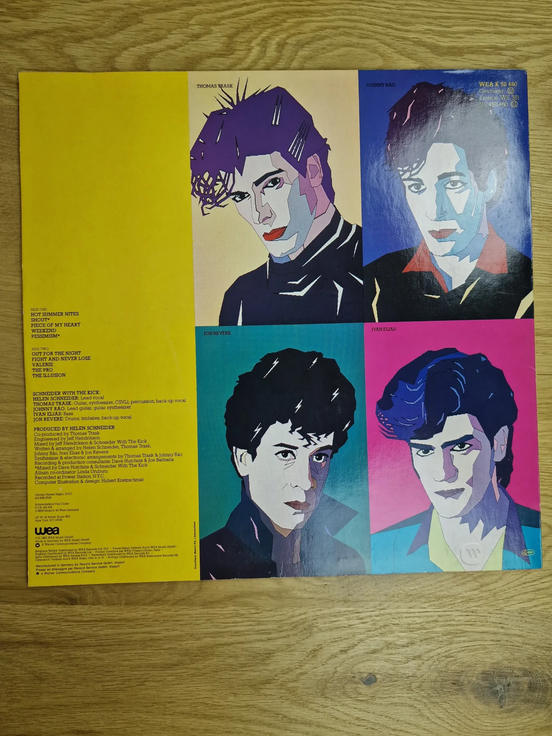 Rückseite des Albumcovers Exposed von Schneider With The Kick mit Tracklist und vier stilisierten Bandporträts