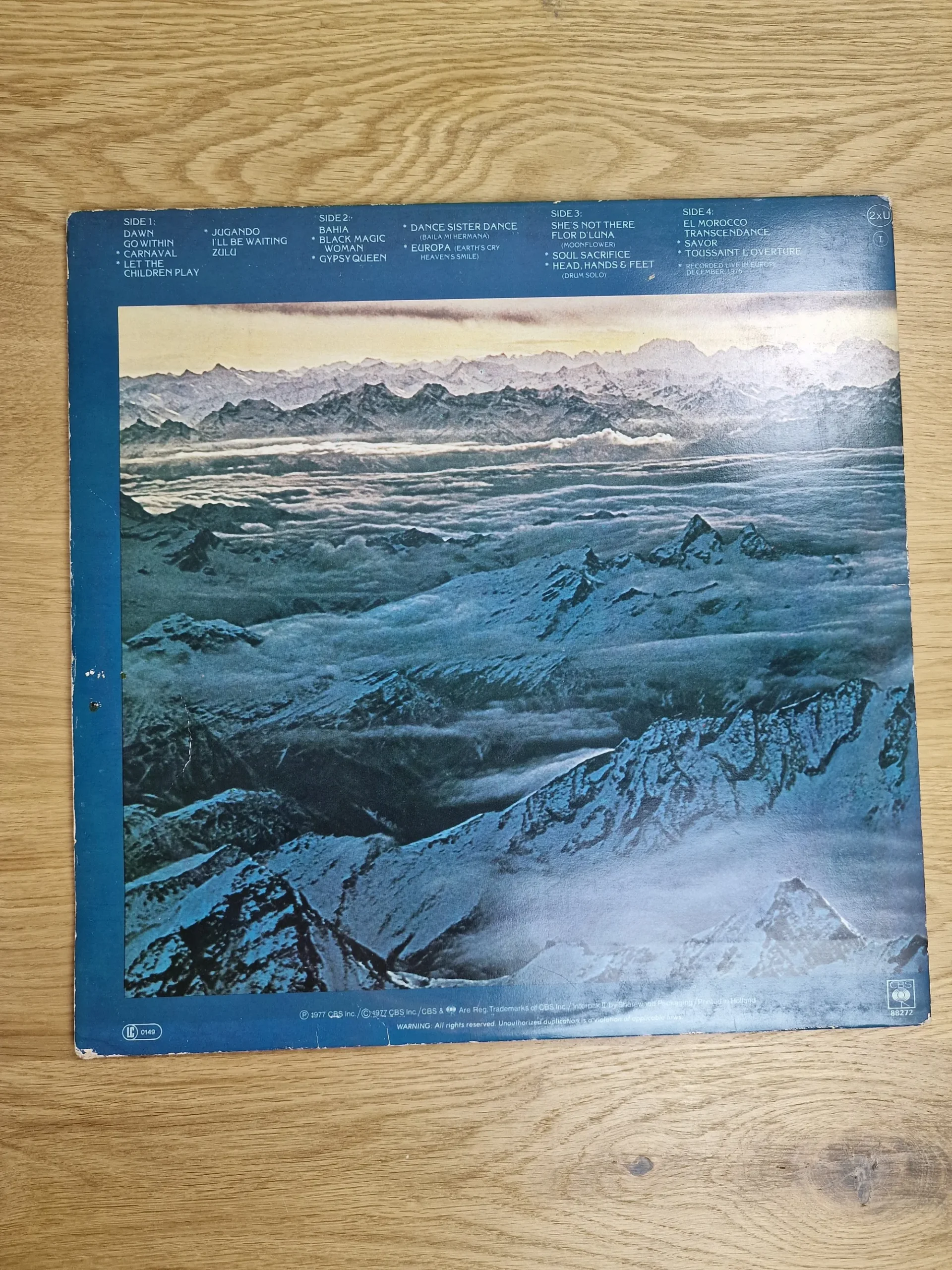 santana-moonflower-doppel-lp-rueckseite-tracklist Rückseite des Santana Moonflower Vinyl-Covers mit vollständiger Tracklist und Refrangdetails