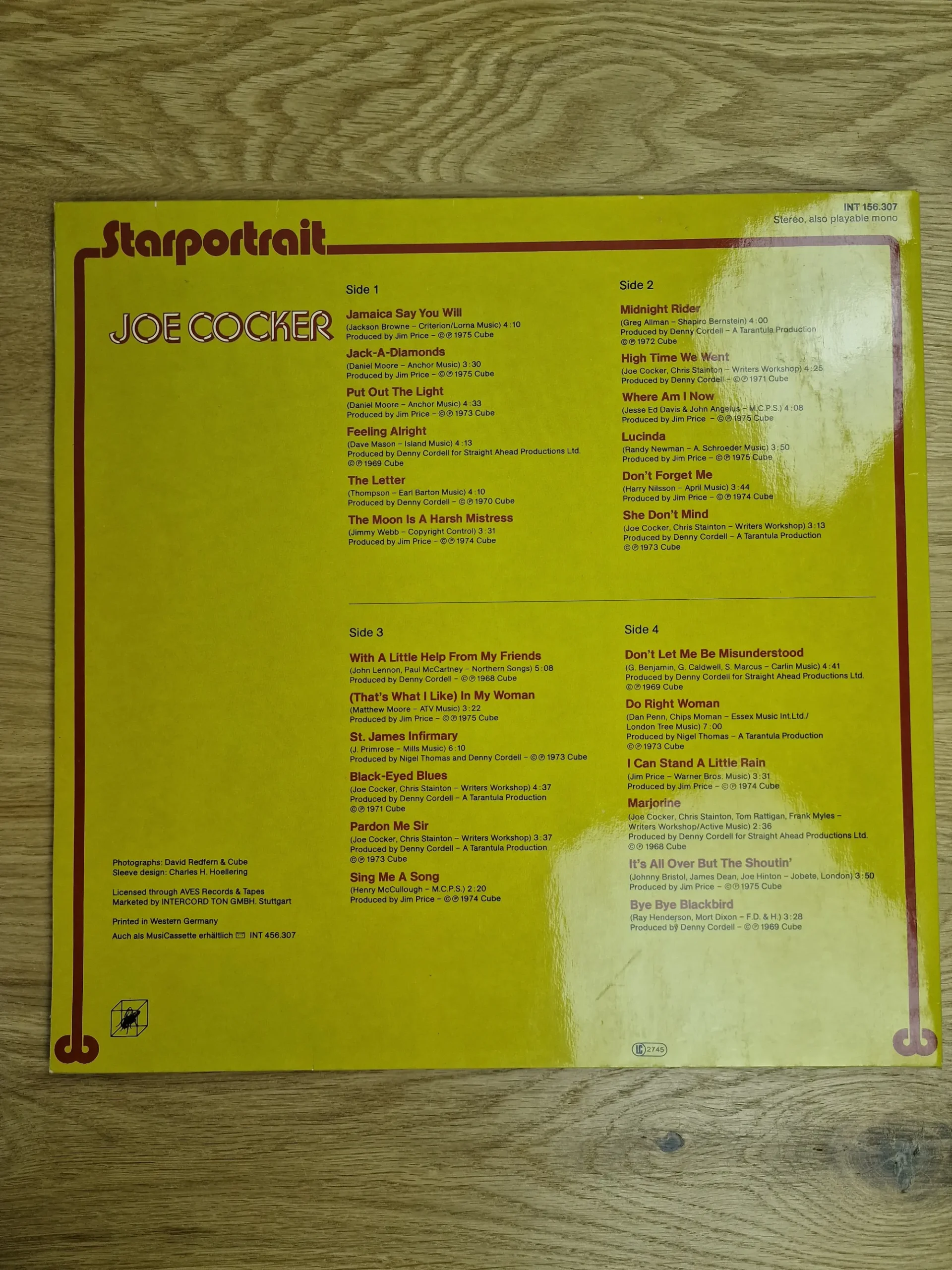 Rückseite des Joe Cocker Starportrait Vinyl Albumcovers mit der Titelliste aller 4 Seiten