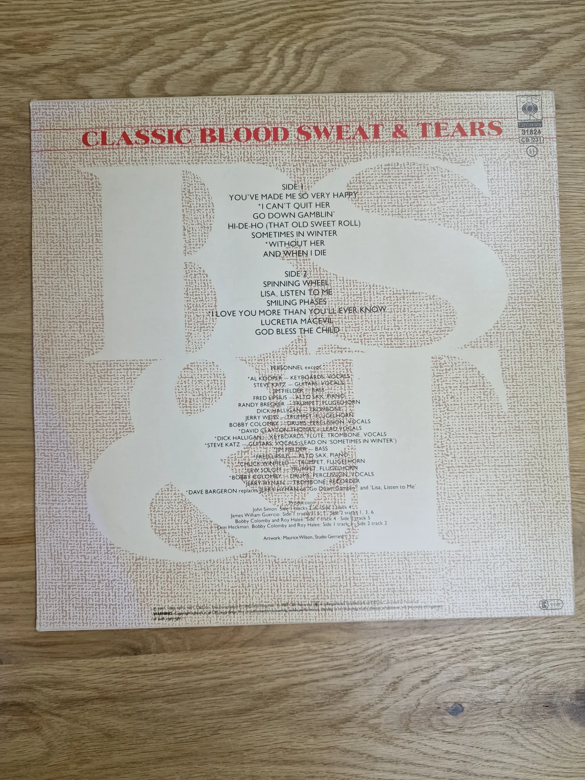 Rückseite der Schallplatte Classic Blood Sweat & Tears mit Tracklist, Besetzung und CBS Embassy Logo