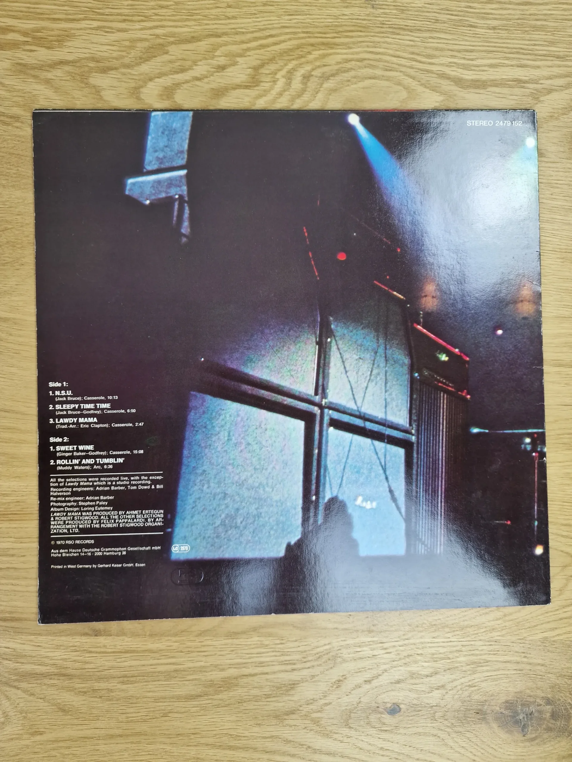 Rückseite des Live Cream Albums von Cream mit Trackliste und Produktionsdetails