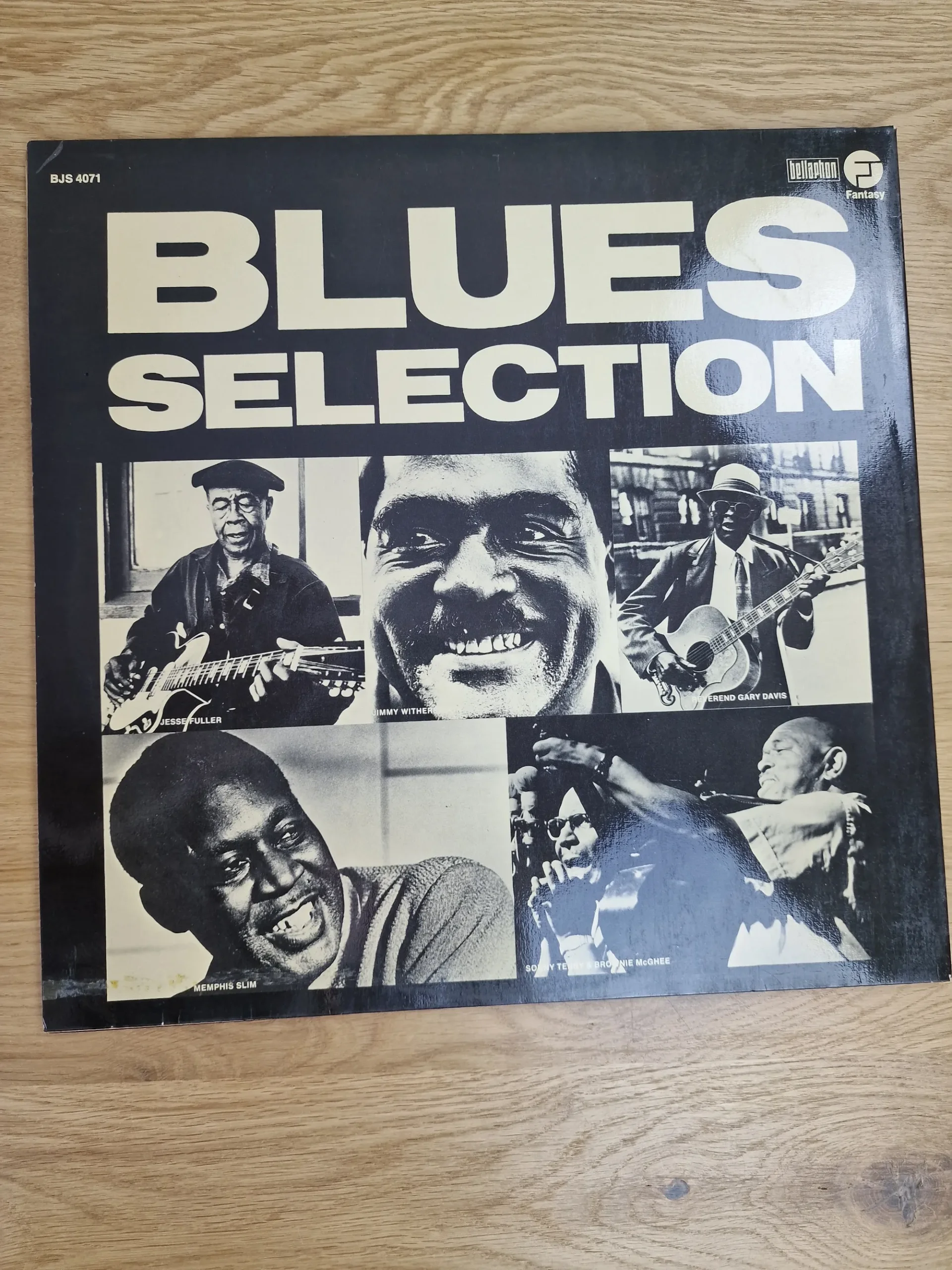 Blues Selection Vinyl Schallplatte Rückseite mit Bildern von Jesse Fuller, Jimmy Witherspoon, Gary Davis und Memphis Slim