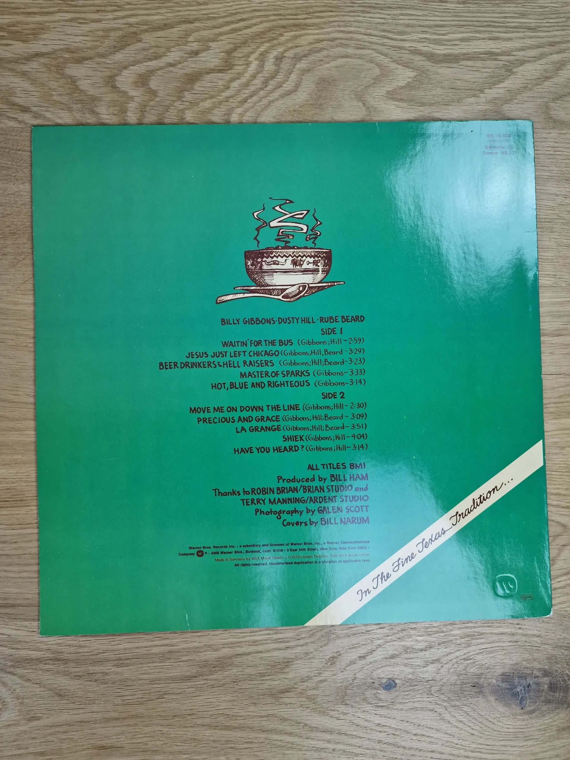 Rückseite des ZZ Top Tres Hombres Vinyl-Covers mit vollständiger Trackliste und Credits