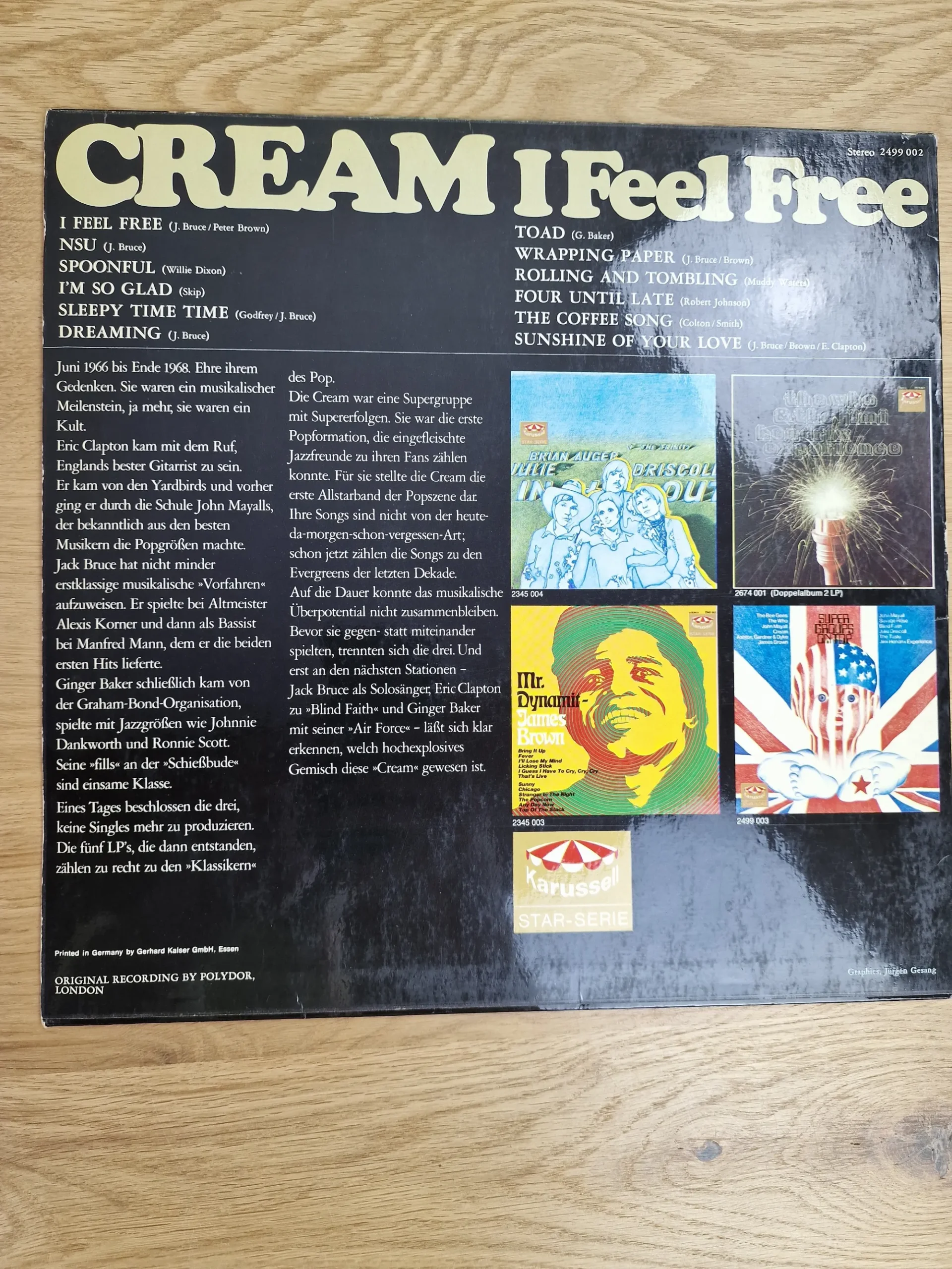 Rückseite des Vinyl-Covers von Cream - I Feel Free mit Tracklist und deutschen Linernotes