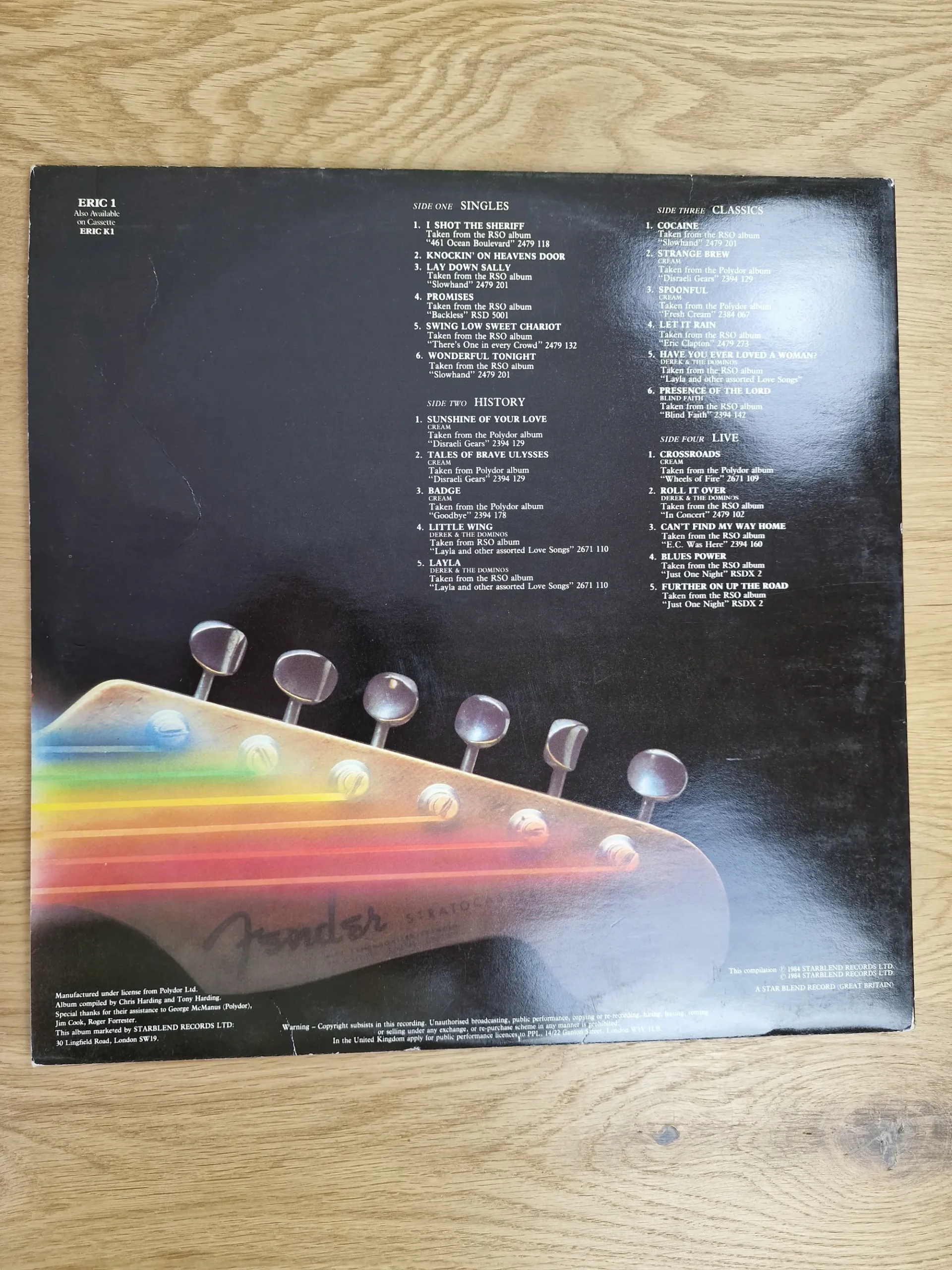 Rückseite des Eric Clapton Backtrackin Vinyl-Albums mit Trackliste und Fender-Gitarre