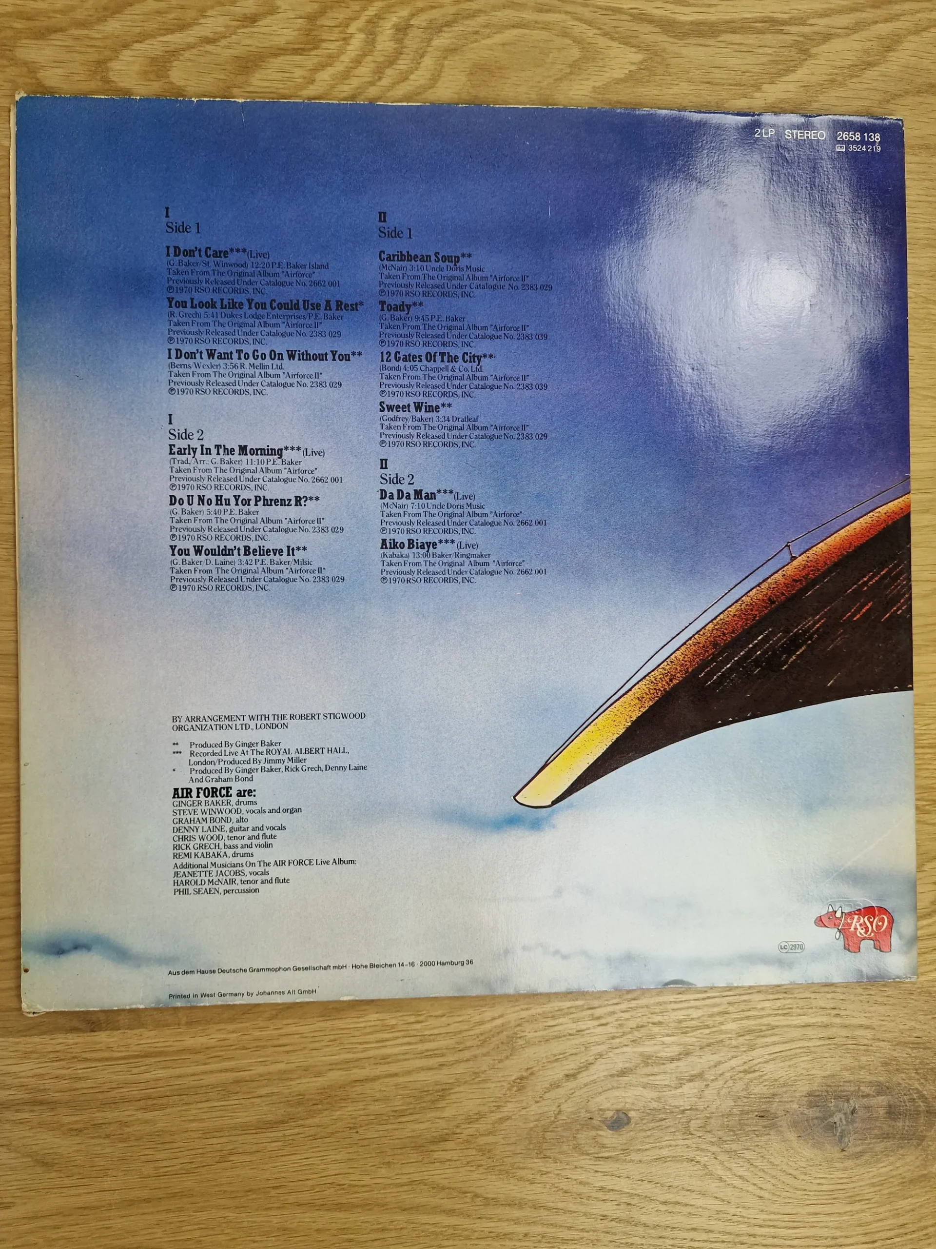 ginger-bakers-airforce-once-upon-a-time-2lp-vinyl-backcover-tracklist Rückseite des Vinyl-Albums Ginger Baker's Airforce mit Songauswahl und Credits