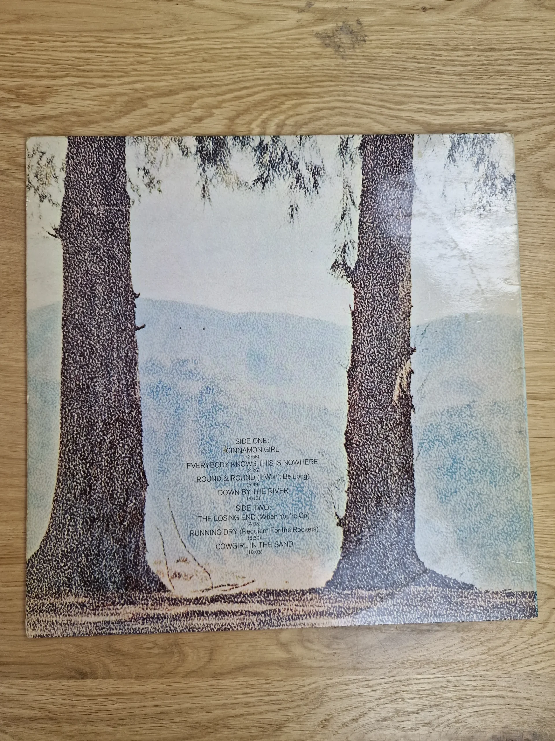 Rückseite des Schallplatten-Covers von Neil Youngs Album Everybody Knows This Is Nowhere mit Tracklist